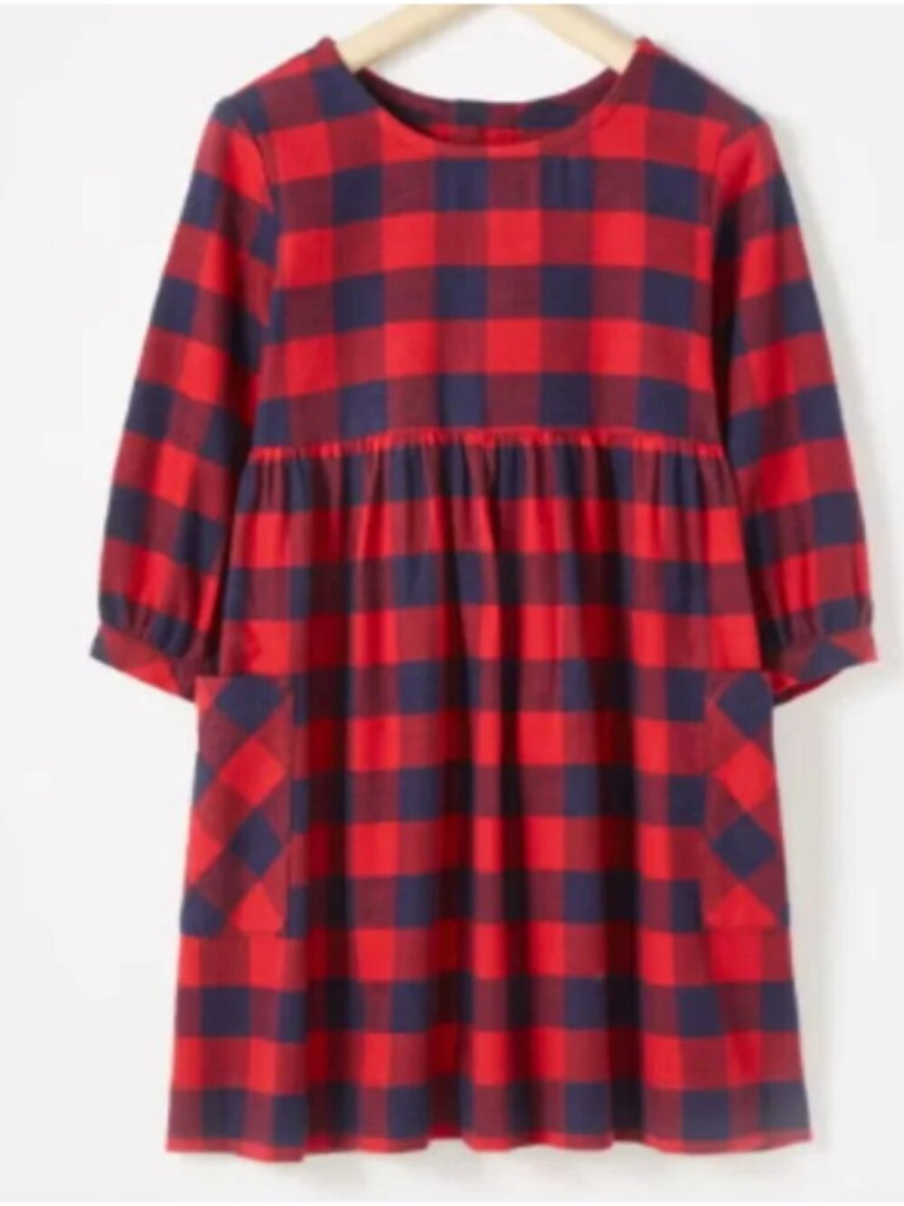 Hanna Andersson GirlsBuffalo Plaid Flannel Pocket Dress Red Navy Blue 130/8